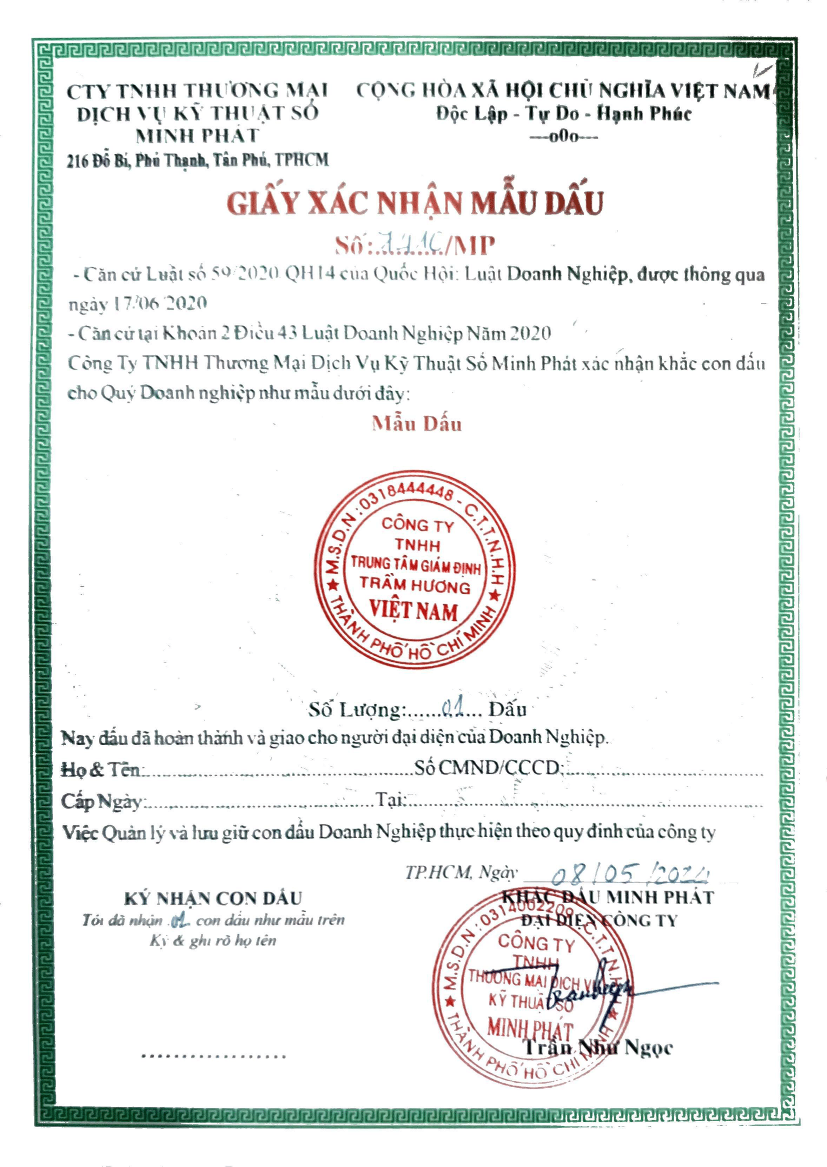 Giấy xác nhận mẫu dấu